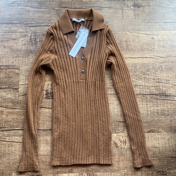 NWT The Cashmere Project Ribbed Polo Sweater in Deep Saddle, Size M - Picture 1 of 7